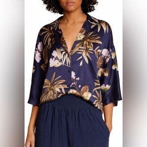 VINCE Women's Blouse Top Mixed Tropical Garden Button Front 100% Silk Size L
